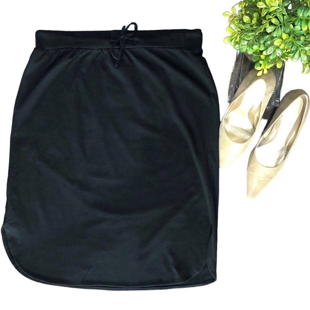 Women Drawstring Elastic Waist Dolphin Hem Stretch Jersey Midi Skirt Black L/XL - Picture 10 of 11
